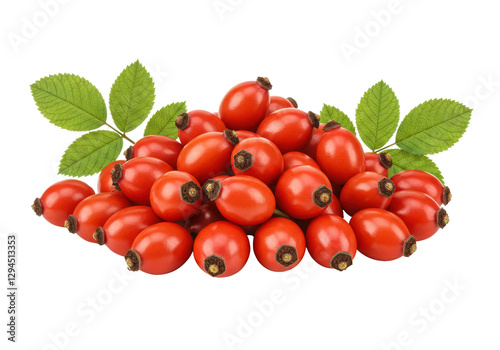Isolated Pile of Fresh Rose Hips with Leaves