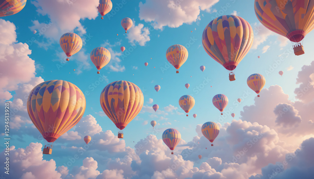 Obraz premium Colorful hot air balloons floating in a sunlit sky, perfect for travel blogs, adventure themes, and dreamlike designs