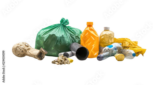 Waste plastic bottles and garbage bags on black background, a commentary on environmental pollution recycling photo