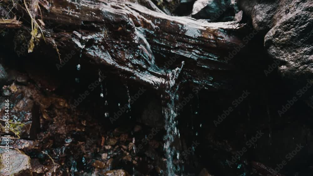 Water cascading down log in forest creating small waterfall