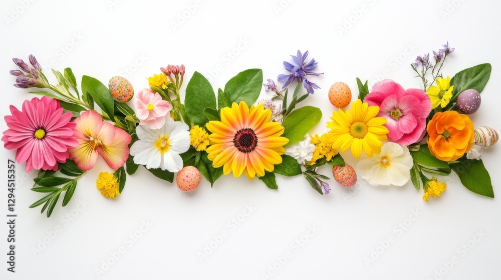 Colorful spring flowers and leaves arranged in a banner shape on a white background. Perfect for spring and Easter designs. Colorful spring flowers and leaves arranged in a banner shape on a white background. Perfect for spring and Easter designs.