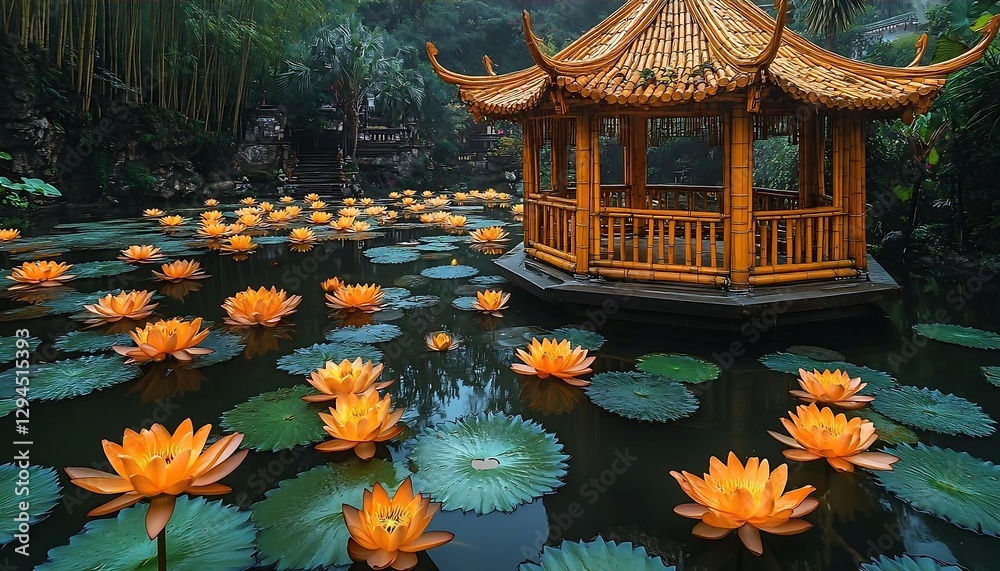 Obraz premium Tranquil Pond With Vibrant Orange Lilies And Elegant Pavilion In Serene Garden With Water