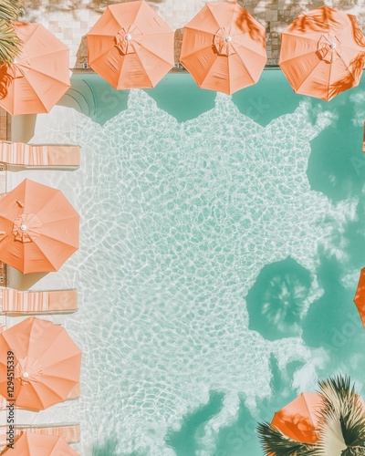 Luxury resort swimming pool with orange umbrellas and sun loungers, perfect for summer vacations, tropical getaways, and leisure travel