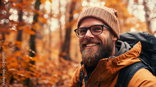 Happy Bearded Man Hiking in Autumn Forest