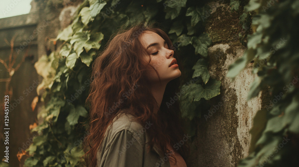 Serene Muse: A young woman with flowing auburn hair leans against a stone wall covered in vibrant green ivy, her eyes closed in a moment of peaceful introspection and connection with nature. Serene Muse: A young woman with flowing auburn hair leans against a stone wall covered in vibrant green ivy, her eyes closed in a moment of peaceful introspection and connection with nature.