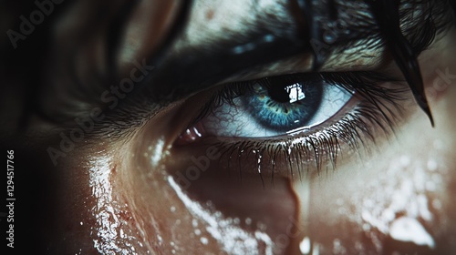 Teary eye in sharp focus, with a single tear highlighting emotion and depth captured in striking detail. photo