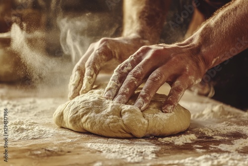 Hands kneading dough on floured surface in rustic kitchen setting photo