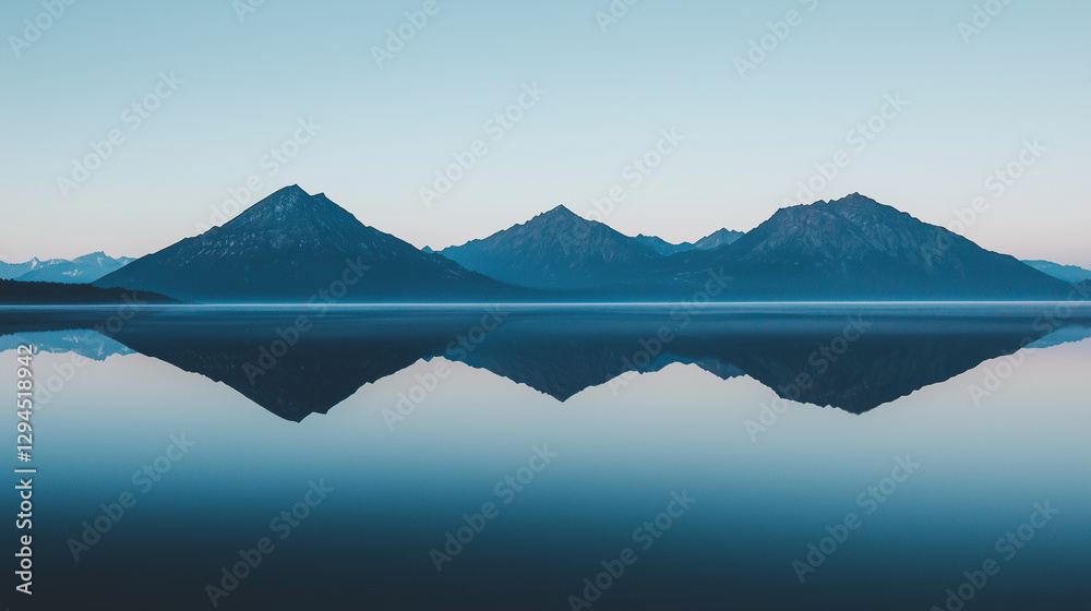 Naklejka premium serene lake reflects majestic mountain range under clear blue sky, creating symmetrical and tranquil landscape. calm water enhances peaceful atmosphere of scene
