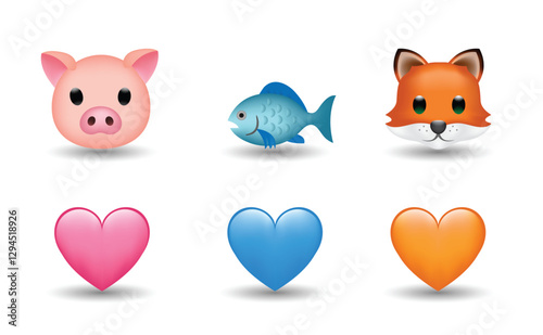 Blue, pink, and orange heart, fox, blue fish, pig vector emoji Illustration