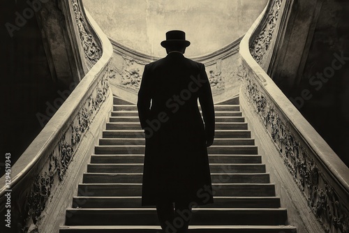 Wealthy Aristocrat Ascends Elegant Art Deco Staircase in a Grand Setting of the 1920s. Generative AI