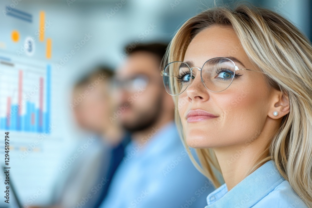 Fototapeta premium Young professional woman with glasses participates in a business strategy meeting in a modern office setting