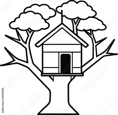Tree house in a big tree line art illustration