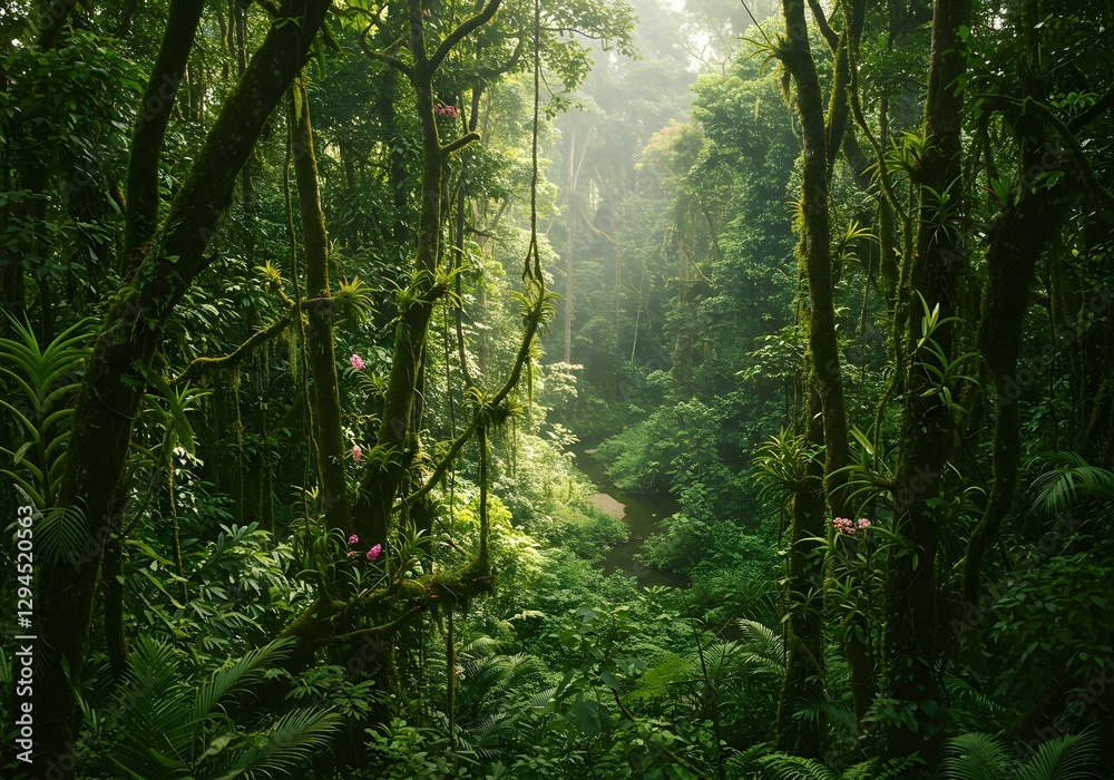 Lush Tropical Rainforest With Dense Vegetation And Sunlight Filtering Through Trees.jungle, tropical, rainforest, nature, trees, lush, vegetation, sunlight, green, dense, wilderness, exotic, foliage, Lush Tropical Rainforest With Dense Vegetation And Sunlight Filtering Through Trees.jungle, tropical, rainforest, nature, trees, lush, vegetation, sunlight, green, dense, wilderness, exotic, foliage,