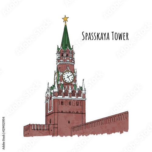 Hand drawn watercolour sketch of Spasskaya tower. Vector illustration of Moscow Kremlin isolated on white background.