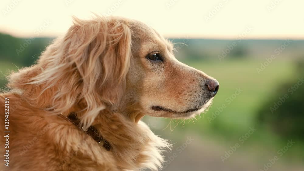 Profile of cocker spaniel dog resting in wild nature park adorable pedigreed dog walks in country park lit by sunset light purebred spaniel stands in rural park field in summer evening closeup Profile of cocker spaniel dog resting in wild nature park adorable pedigreed dog walks in country park lit by sunset light purebred spaniel stands in rural park field in summer evening closeup