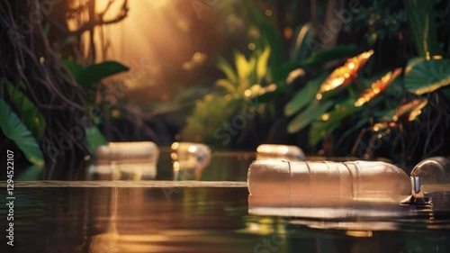 Scenic view of a natural river polluted by discarded plastic bottles reflecting light during sunrise, highlighting the global environmental issue.