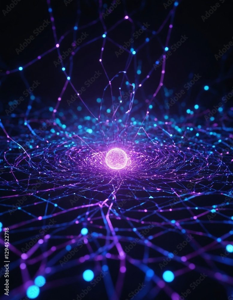 Obraz premium Neon Abstract 3D Render of Quantum Circuit with Entangled Particles on Futuristic Background