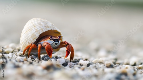 A hermit crab peeks from its shell on a sandy beach, its vibrant claws contrasting with the muted, pebbly background.