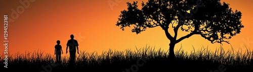 Family walking at sunset in field photo