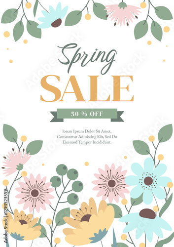 Spring Sale Poster with Cute Hand Drawn Flowers, Badge Typography Icon. Lettering Spring Season with Sale Text Design For Greeting Card, Invitation Template. Modern Lettering Banner Poster Template.