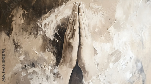 religious artistic illustration: banner with close-up to prayer hands; gray sketch; background with copy space