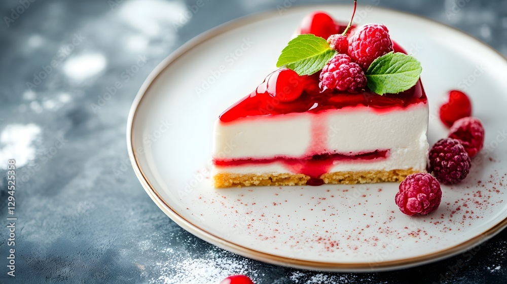 Delicate Raspberry Cheesecake with Minimalist Fine Dining Presentation on Soft Focus Background Delicate Raspberry Cheesecake with Minimalist Fine Dining Presentation on Soft Focus Background