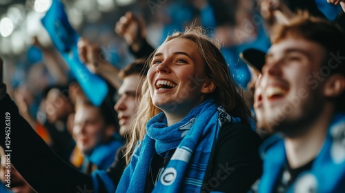 Enthusiastic fans draped in blue cheer passionately at a crowded stadium, their joyous expressions captured in a moment of communal celebration.