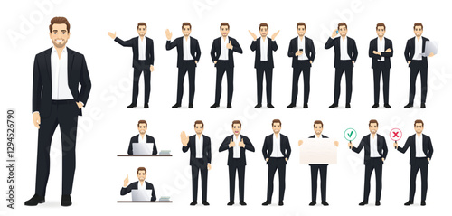 Set of young handsome man in business clothes. Different poses and various gestures male character standing and sitting at the desk isolated vector illustration