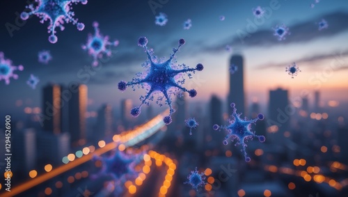 Microscopic Viruses Hovering Over Illuminated City at Dusk Depicting Infection Threat