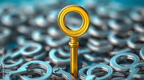 A golden key stands upright among silver keys, symbolizing leadership, innovation and unique problem-solving. Bold and inspiring, it's ideal for ads, business, or content on leadership and innovation. photo