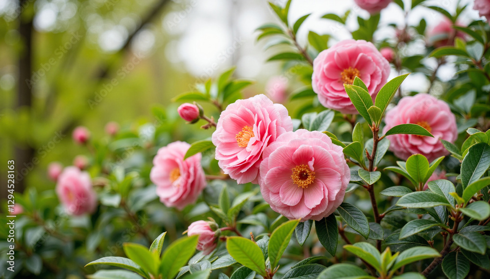 Blooming camellia bush in outdoor conservatory during spring, floral beauty Blooming camellia bush in outdoor conservatory during spring, floral beauty