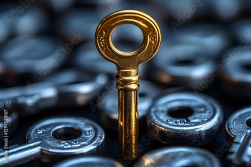 A golden key stands upright among silver keys, symbolizing leadership, innovation and unique problem-solving. Bold and inspiring, it's ideal for ads, business, or content on leadership and innovation. photo