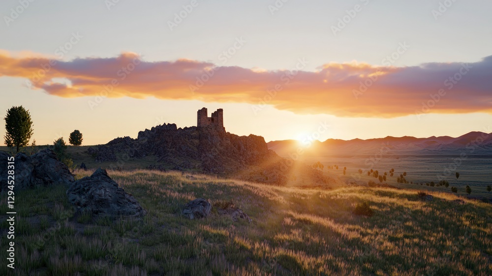 Fototapeta premium Majestic Sunset over Grassland Ancient Ruins