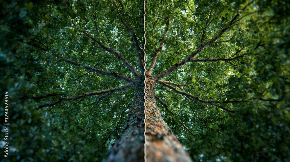 Fototapeta premium Majestic Split Tree Nature s Duality Green Leaves Lush Foliage Canopy Branches Trunk