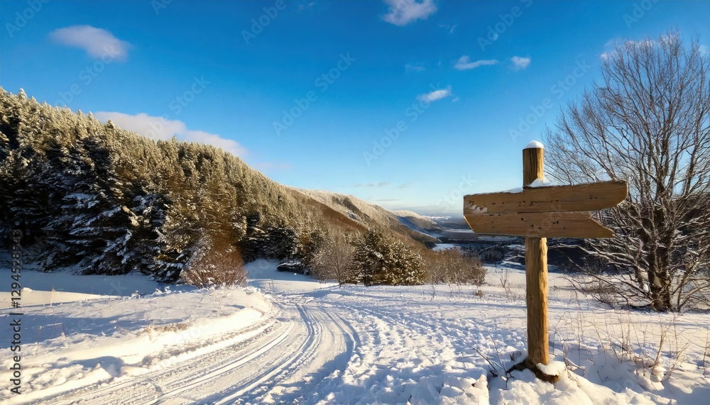 Naklejka premium A rustic wooden signpost covered in snow stands along a winding winter trail, surrounded by snow-covered trees, mountains, and a bright blue sky.