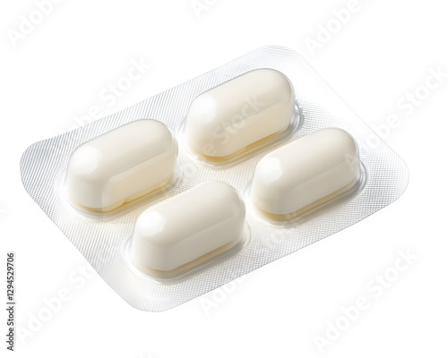 White pills in a blister pack, isolated on a white background.