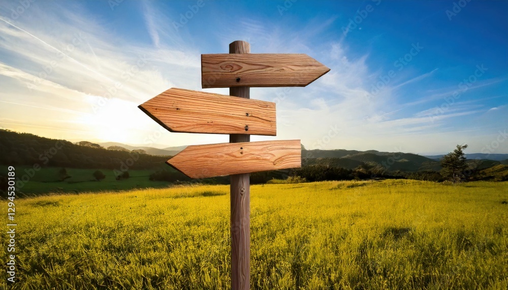 A wooden directional signpost stands in a scenic countryside landscape with rolling hills, green fields, and a golden sunset sky. A wooden directional signpost stands in a scenic countryside landscape with rolling hills, green fields, and a golden sunset sky.