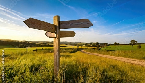 A rustic wooden signpost stands at a crossroads in a scenic countryside landscape with green fields, blue sky, and a dirt path.
