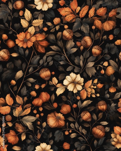 Dark Autumnal Floral Pattern Seamless Repeat Textile Design