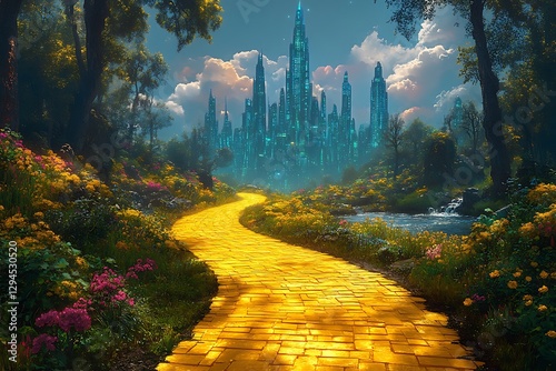 A fantastical yellow brick road leads to a magnificent ice castle.