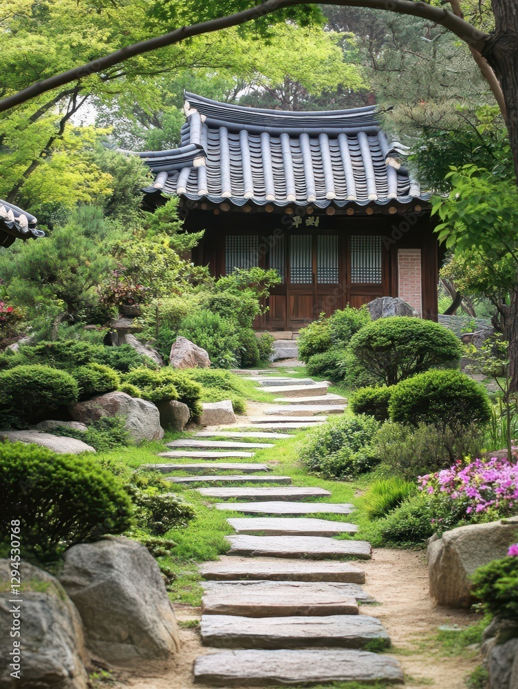 Obraz premium A small stone walkway leading to a traditional wooden building