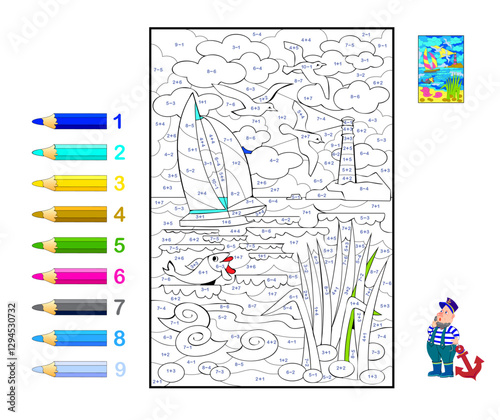 Math education for children. Coloring book. Mathematical exercises on addition and subtraction. Solve examples and paint the the seascape. Printable worksheet for kids. Vector illustration.