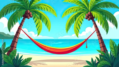 Hanging hammock stretched between two palm trees on a tropical island with white sand beach. Ocean shore pic