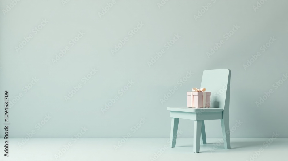 Fototapeta premium A Pale Pink Gift Box Rests on a Light Blue Wooden Chair Against a Soft Green Wall