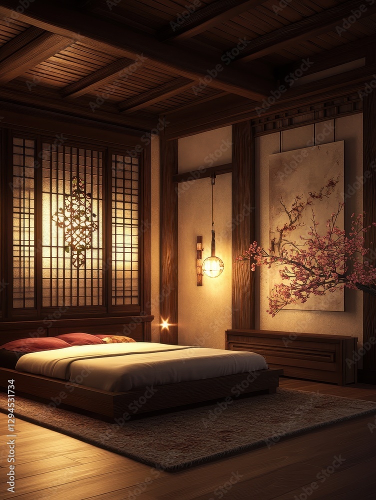 Fototapeta premium An exquisite Japanese bedroom showing the interior design and lighting