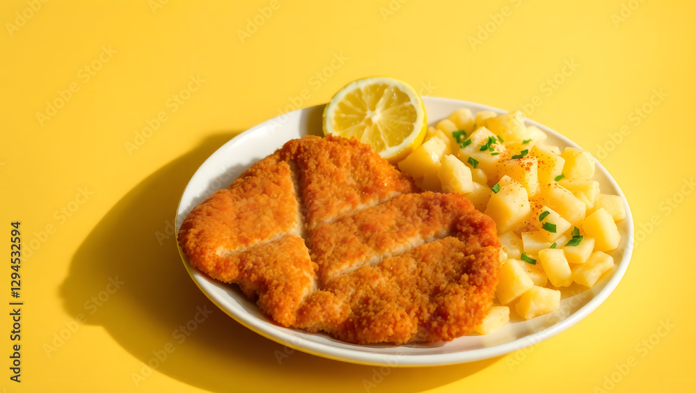 a delicious Schnitzel with potatoes and lemon on the plate a delicious Schnitzel with potatoes and lemon on the plate