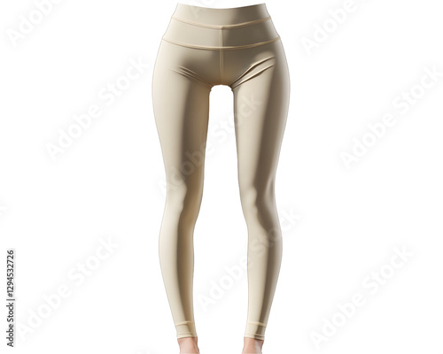 High-waisted beige leggings on white isolate background.