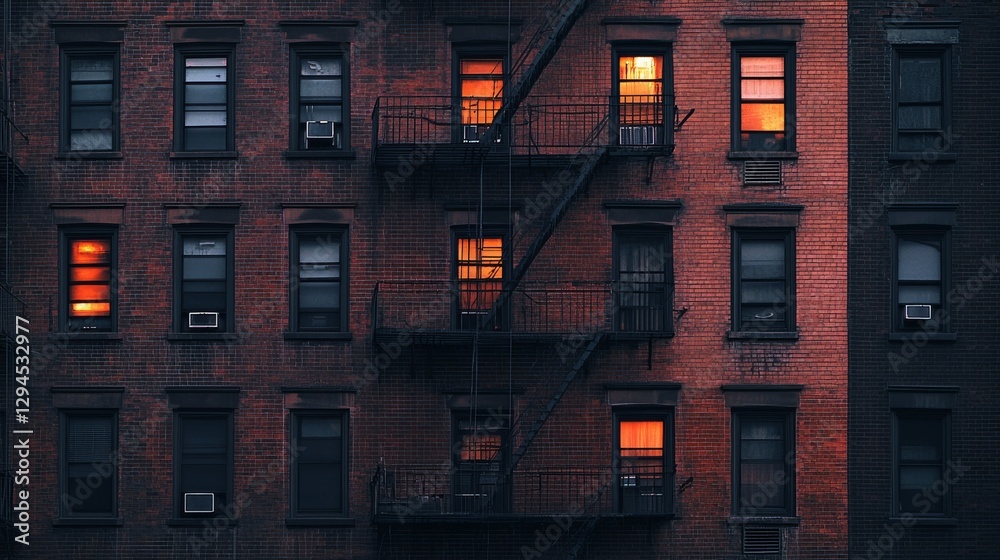 Illuminated building windows reveal warm interiors, framed by a brick facade, evoking a sense of home and city life. Illuminated building windows reveal warm interiors, framed by a brick facade, evoking a sense of home and city life.