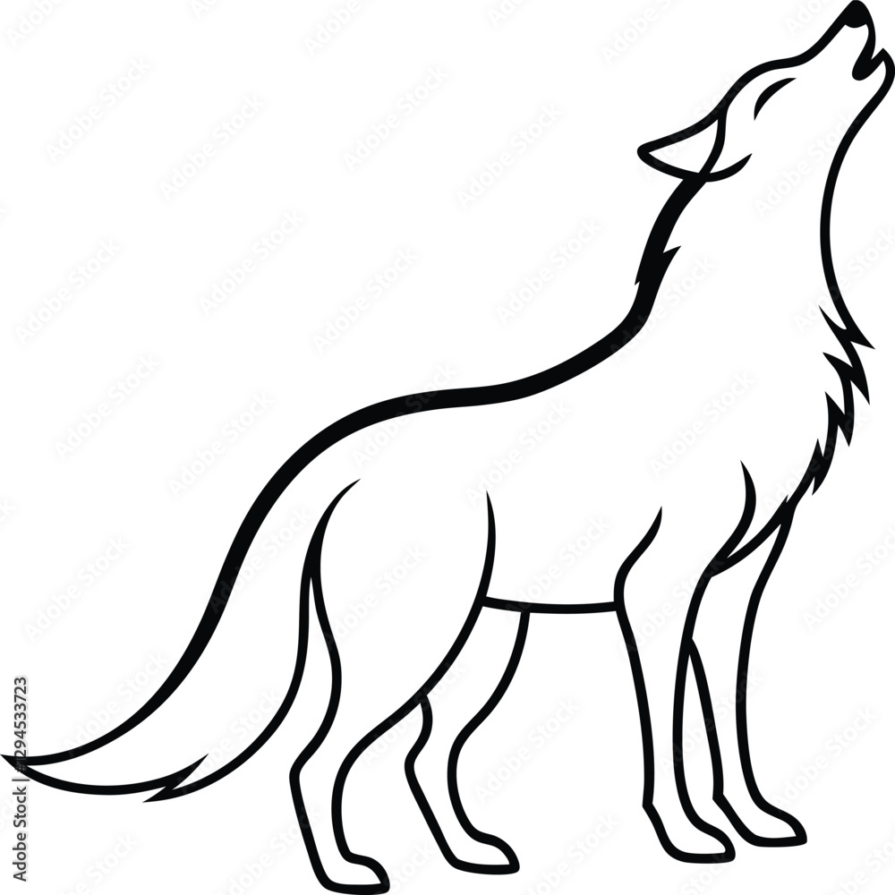 Fototapeta premium Wolf howling at the Moon line art illustration.