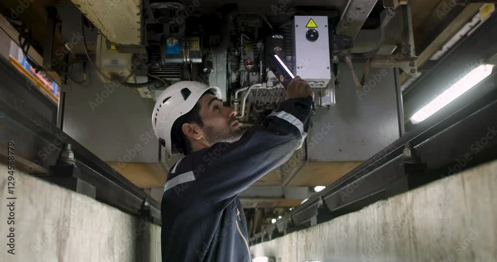 The engineer is depicted meticulously inspecting the train's equipment and machinery underbody suspension of the electric train in a railway garage. The engineer is depicted meticulously inspecting the train's equipment and machinery underbody suspension of the electric train in a railway garage.